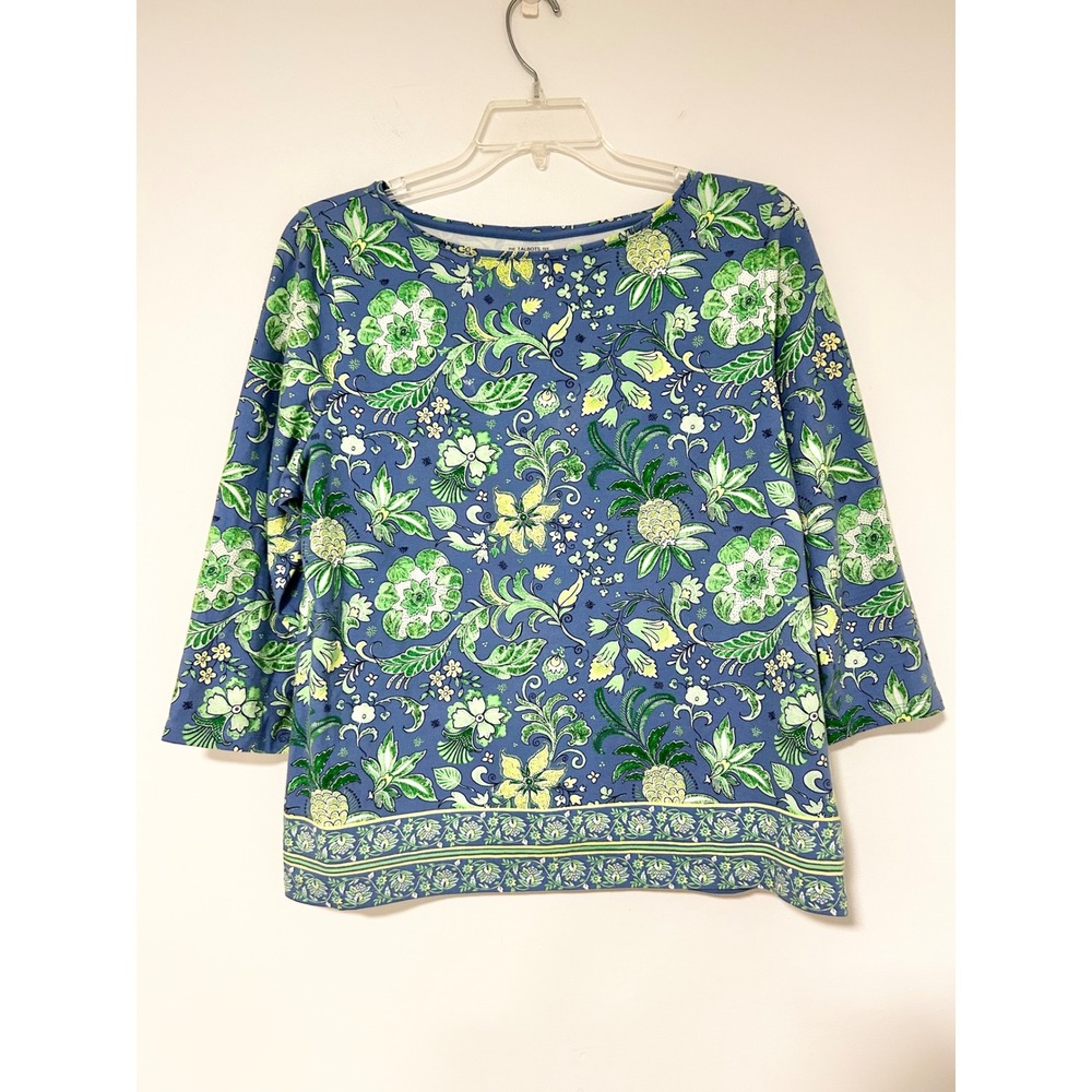 Talbots XL Blue Green Tropical Floral Pineapple Print Boatneck 3/4 Sleeve Tee